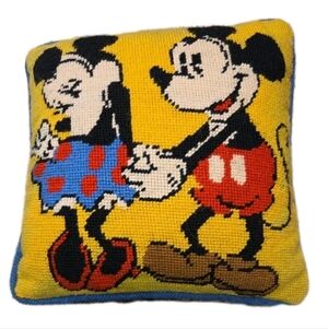 Mickey Mouse Minnie Pillow Needlepoint Walt Disney  Disneyana HTF 9x9”